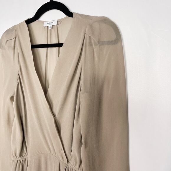 Aritzia Babaton XSmall Taupe Brown Silk Sheer Alexander Surplice Peplum Blouse - Picture 3 of 9